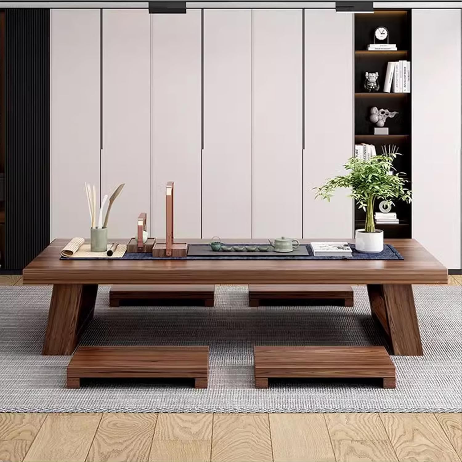 Japanese-Style Low Table, Solid Wood Tea Floor Table, Low Table for Floor Sitting Dining, Wooden Coffee Table Chabudai Furniture for Living Room, Reception Rooms, Tatami(Size:100cm
