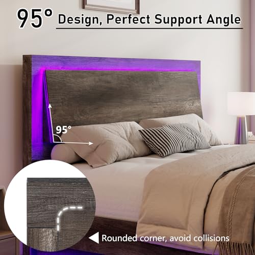Full Size Floating Bed Frame, Farmhouse Platform Bed Frame with Headboard and LED Light/No Box Spring Needed/Noise Free/Easy Assembly, Rustic Grey