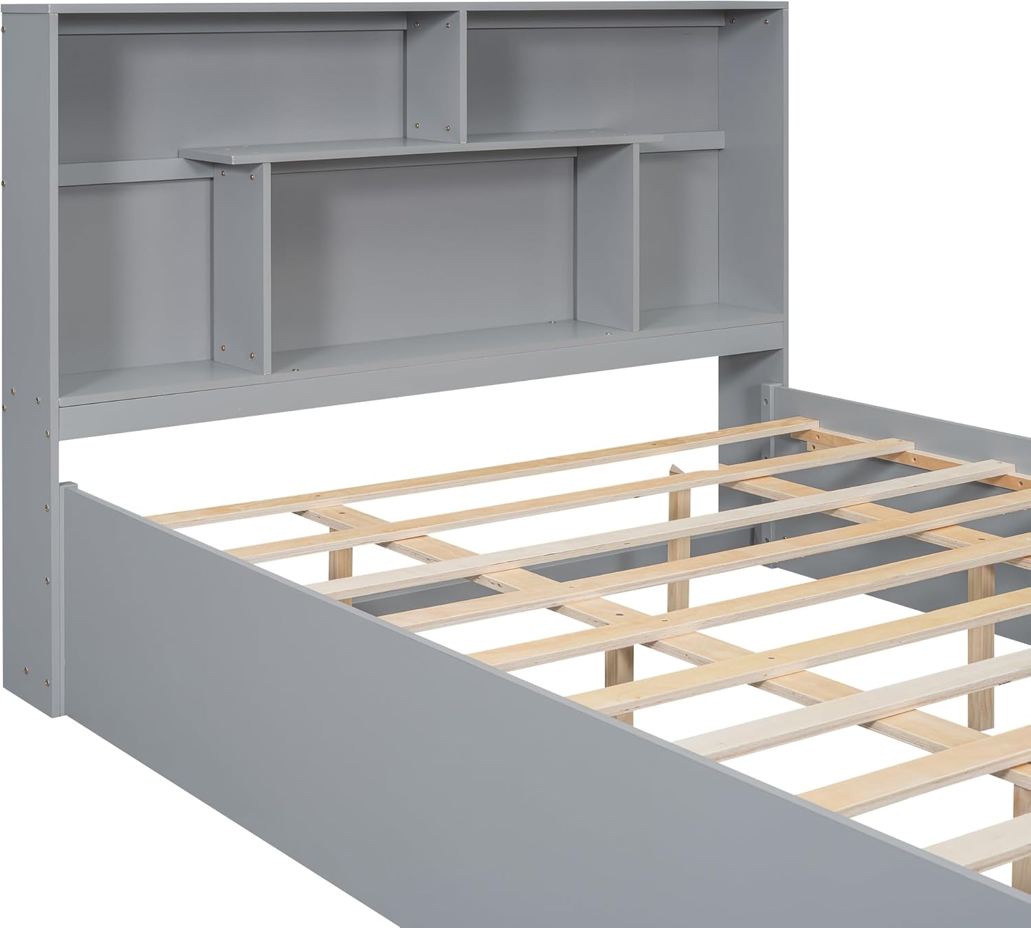 Queen Size Bed Frame, Wooden Platform Bedframe with Bookcase Headboard and 2 Storage Drawers, No Box Spring Needed, Gray