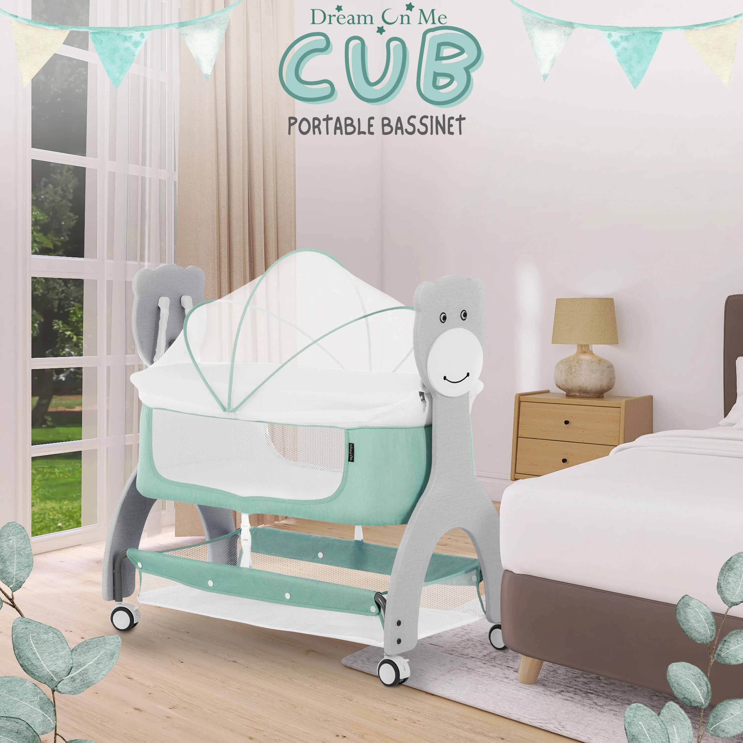 Dream on Me Cub Portable Bassinet in Mint, Multi-Use Baby Bassinet with Locking Wheels