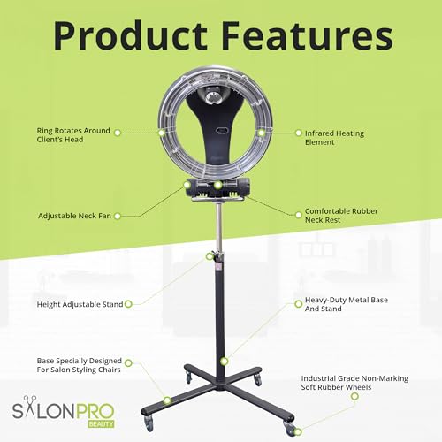 Professional Infrared Hair Color Processor & Multi-Function Dryer Accelerator w/Rolling Base - Heavy Duty Adjustable Standing Hair Dryer - Hair Salon Equipment (Black)