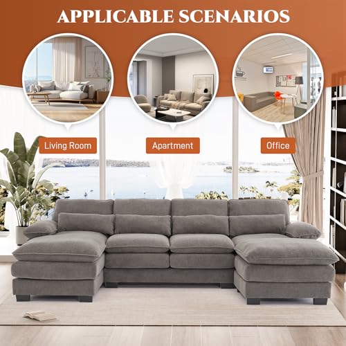 OUYESSIR 114" U Shape Sectional Sofa Cloud Couch for Living Room, Upholstery Comfy Modular Sofa, 4 Seat Chenille L-Shaped Sleeper Sofa with Chaise Lounge, Ottoman & Pillows,Beige White