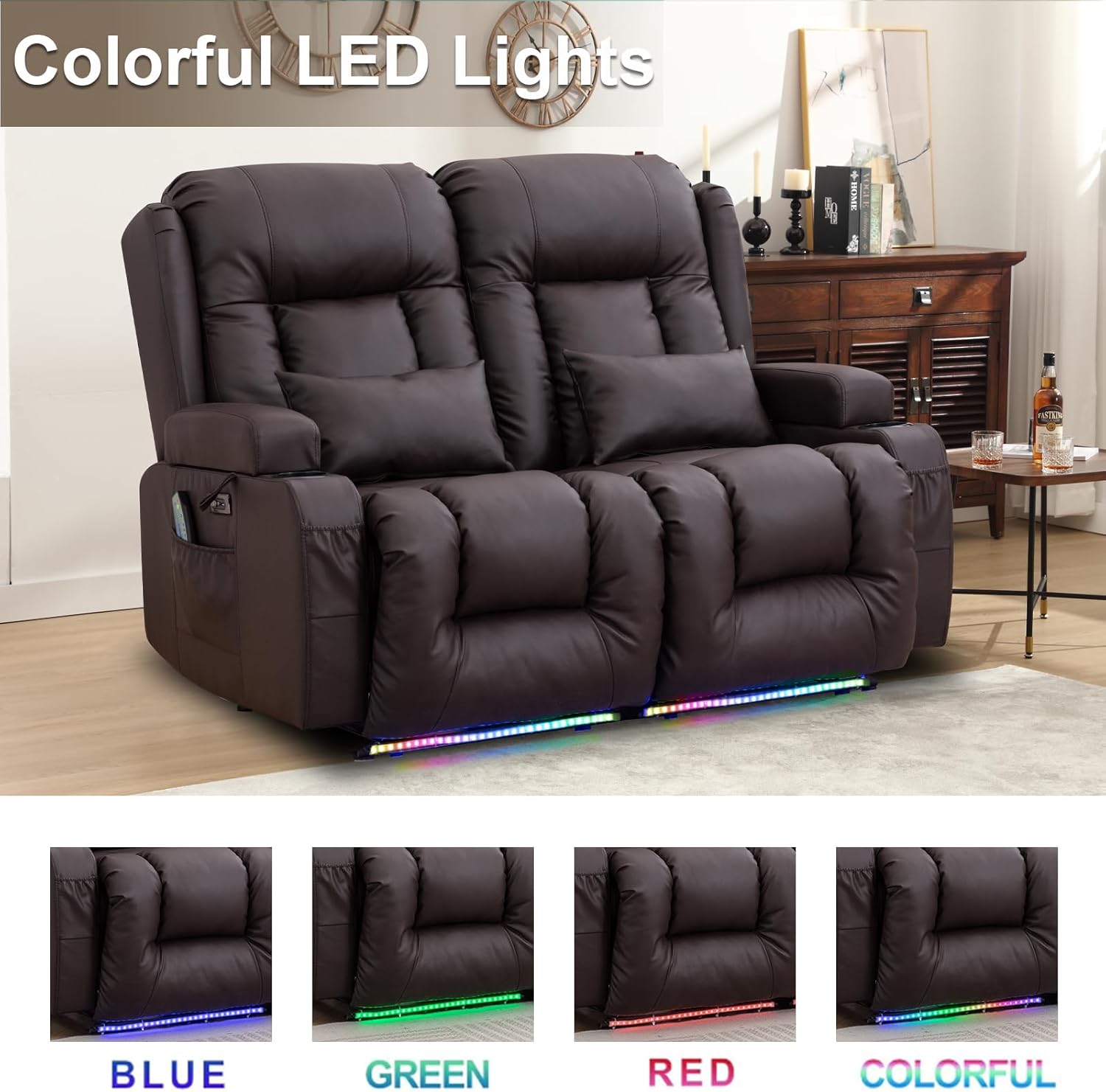 Home Theater Seating, Faux Leather Power Recliner Chair with Massage& Heat, RV Loveseat Sofa Theater Seats with LED Lights/Lumbar Pillow/Cup Holders/Side Pockets (Brown)