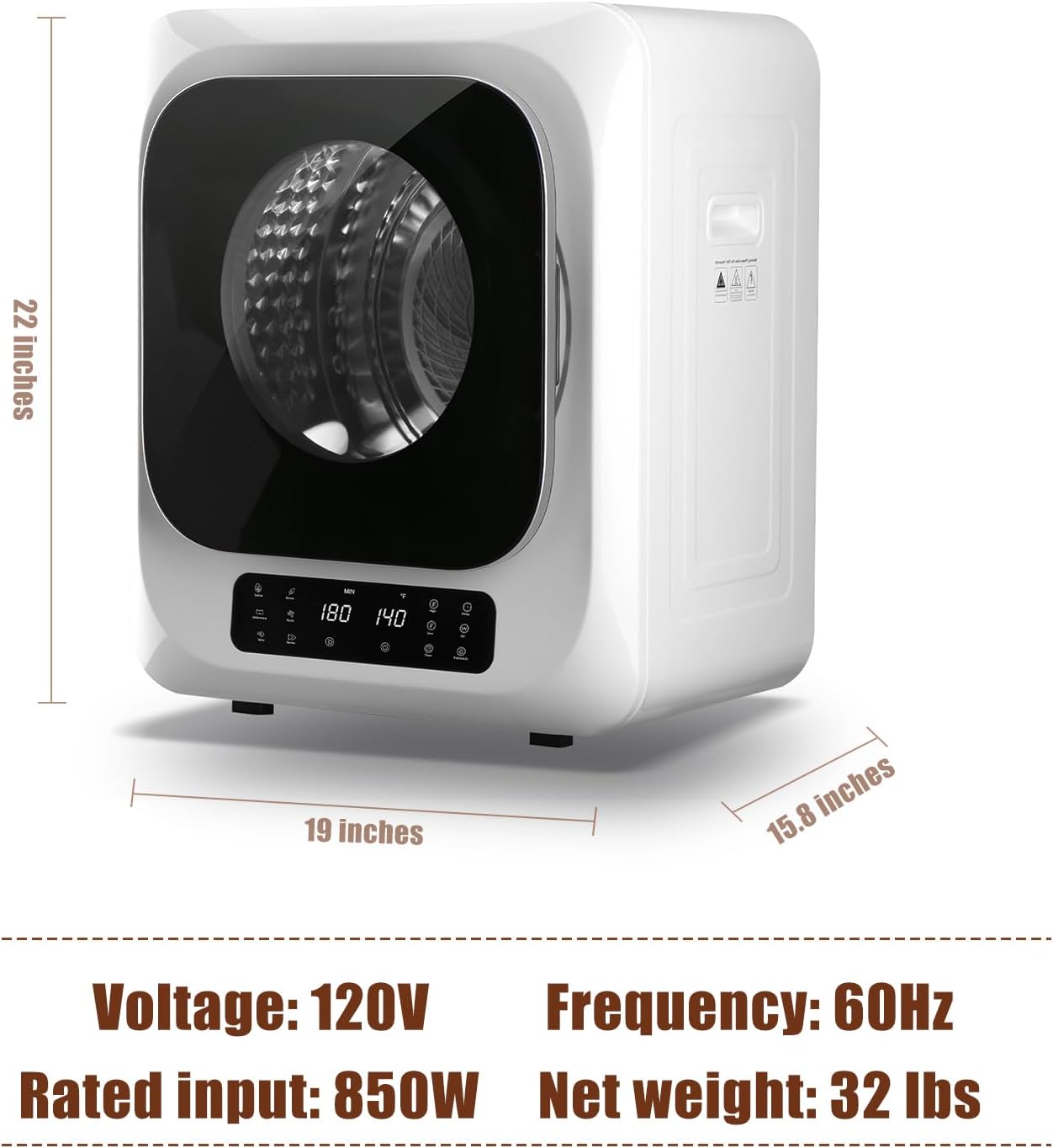 Portable Dryer with LCD Control Panel, 1.5 cu.ft Mini Clothes Dryer Machine with Stainless Steel Tub, 5 Modes, 850W 10 lbs Front Load Small Electric Dryer for Apartment, Laundry, RVs, White