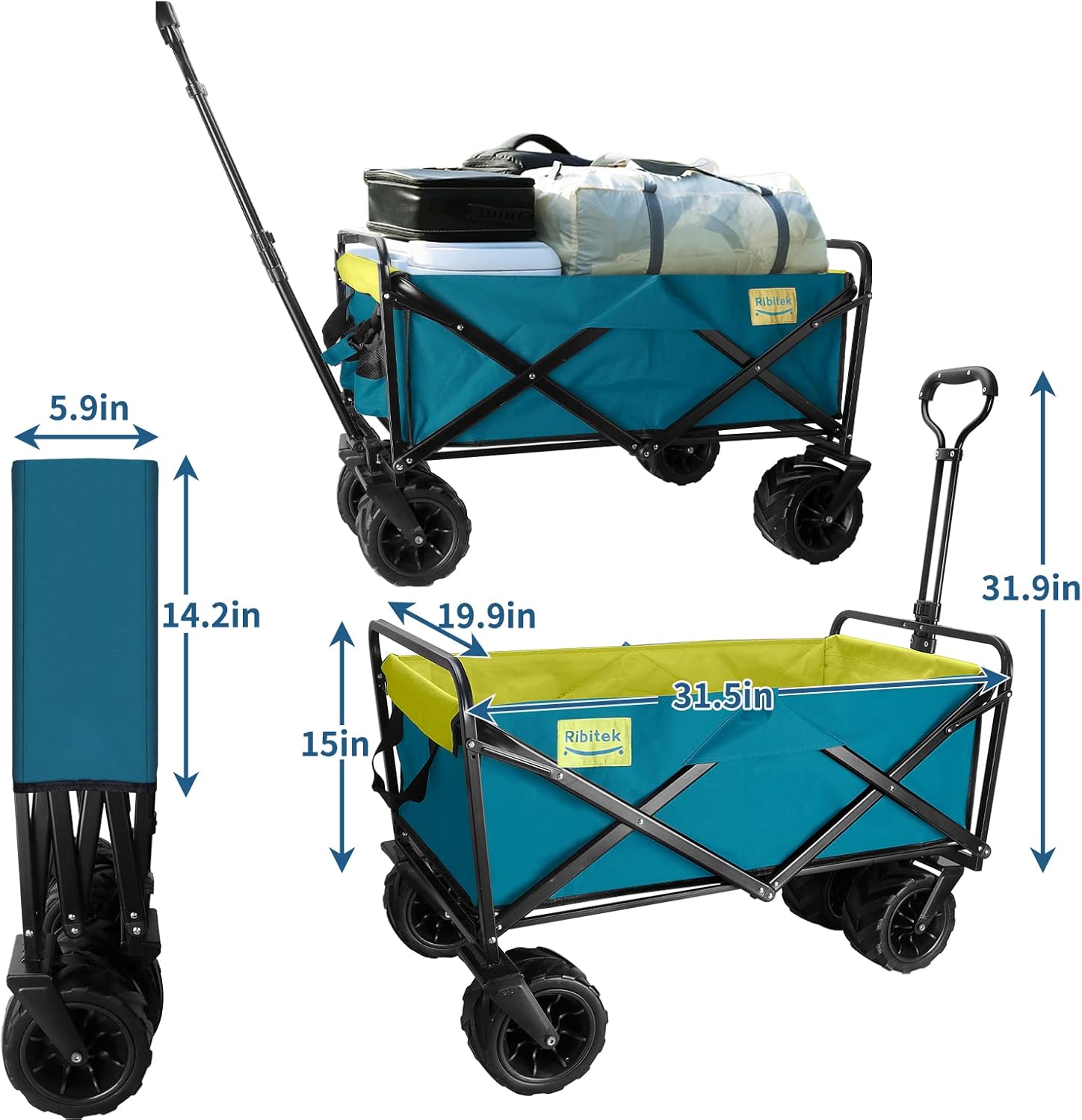 Collapsible Folding Wagon Beach Carts with Big Wheels for Sand, All-Terrain Beach Wagon with Universal Wheels, Adjustable Handle & Drink Holders for Camping, Sports, Shopping