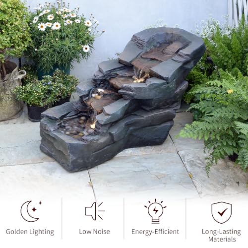 37" L Garden Outdoor Water Fountain, Floor Standing 5-Tiers Rock Natural Waterfall Outdoor Fountains with LED Lights for Patio, Porch, Home Art Decor