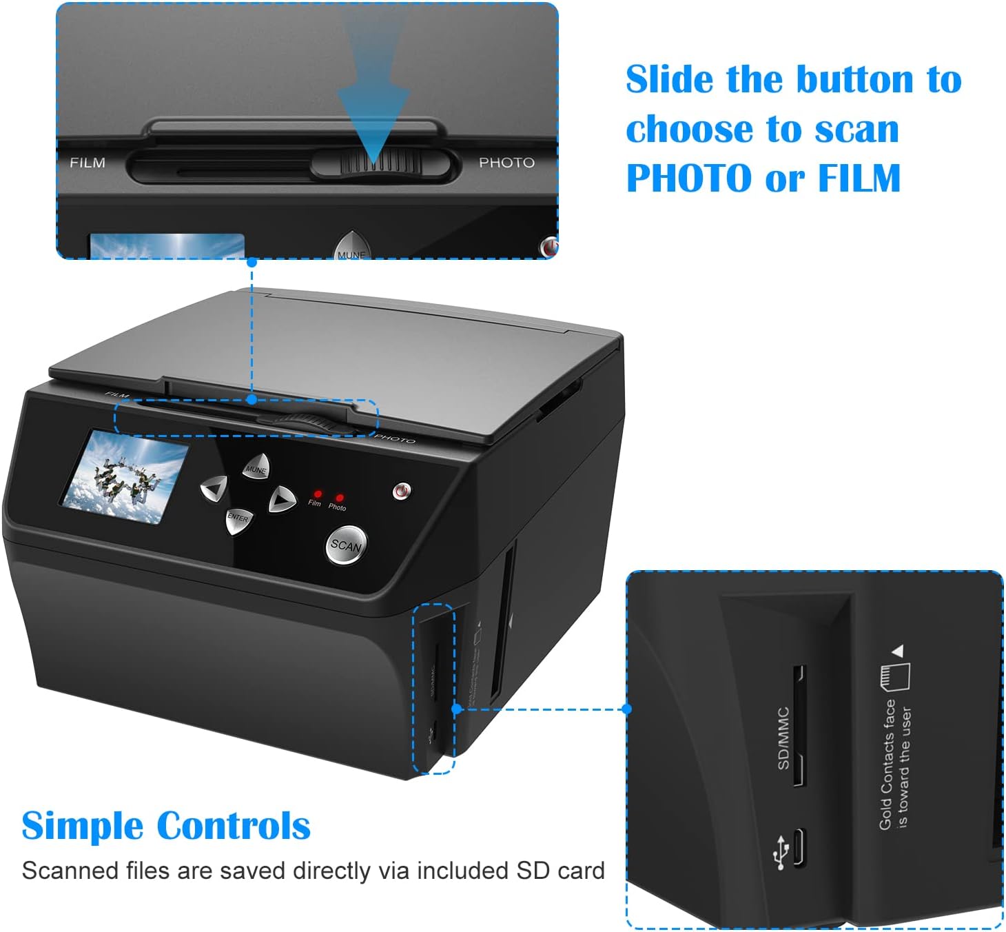 22MP Film &Slide Photo Multi-Function Scanner, Converts 135Film/35mm,110Film/16mmNegatives/Slide/Photo/Document/Business Card to HD 22MP Digital JPG Files, 8GB Memory Card Included