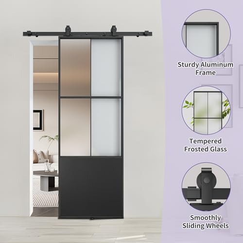 JUBEST 30" x 84" Glass Sliding Barn Door with Top Mounted Hardware Kit Included, 3-Panel Aluminum Frame and Frosted Tempered Glass French Door, Black Sliding Door, Easy to Install