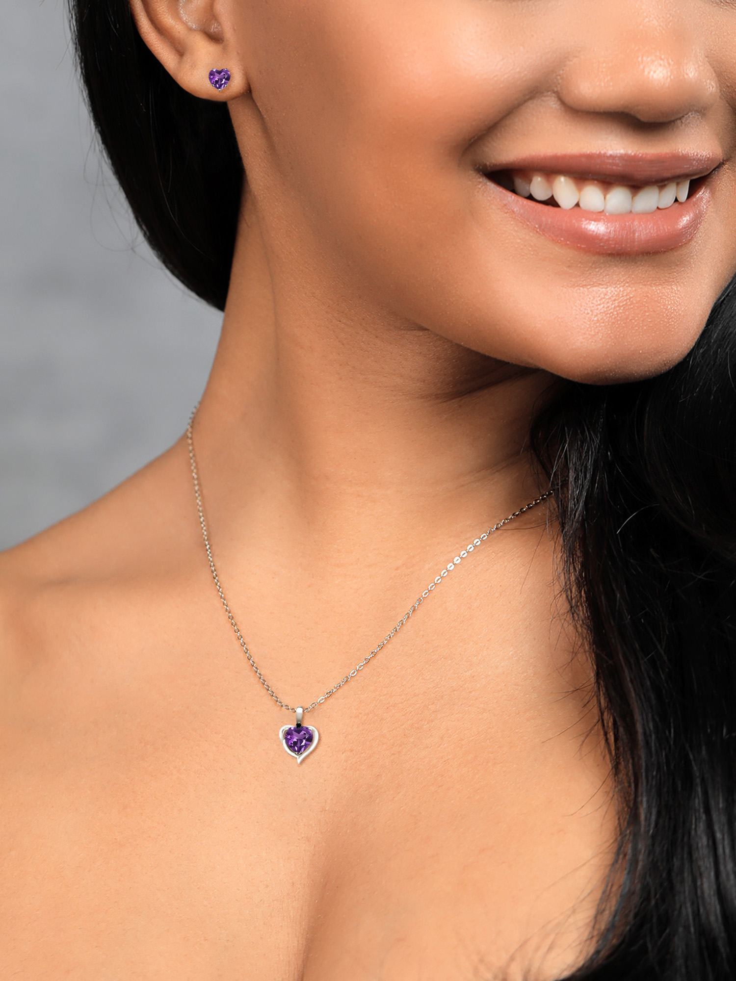 Gem Stone King 925 Sterling Silver Purple Amethyst and Black Diamond Pendant Necklace Earrings Set For Women (3.22 Cttw, Heart Shape 8MM and 6MM, with 18 inch Chain)