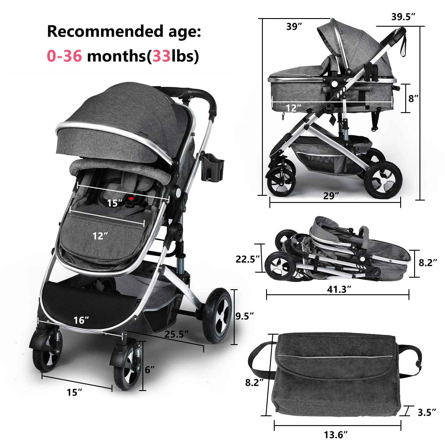 AILEEKISS 2 in 1 Convertible Baby Stroller, Unisex Folding Infant Newborn Bassinet Pram, Dark Grey