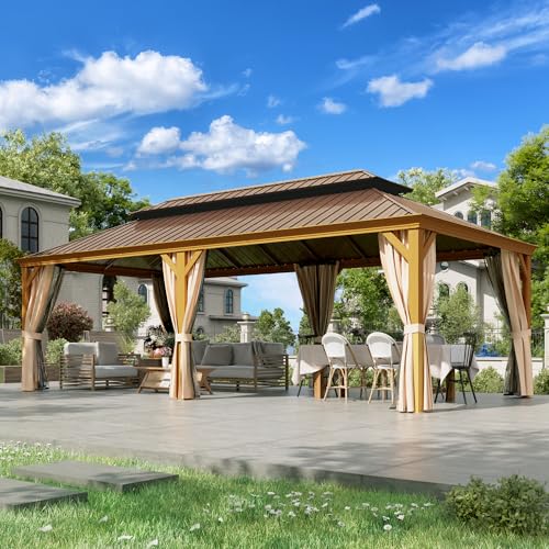 EROMMY 14'x20' Hardtop Gazebo Double Roof Galvanized Steel Canopy Outdoor Aluminum Frame Permanent Metal Pavilion with Netting and Curtains for Patio Backyard Deck and Lawns