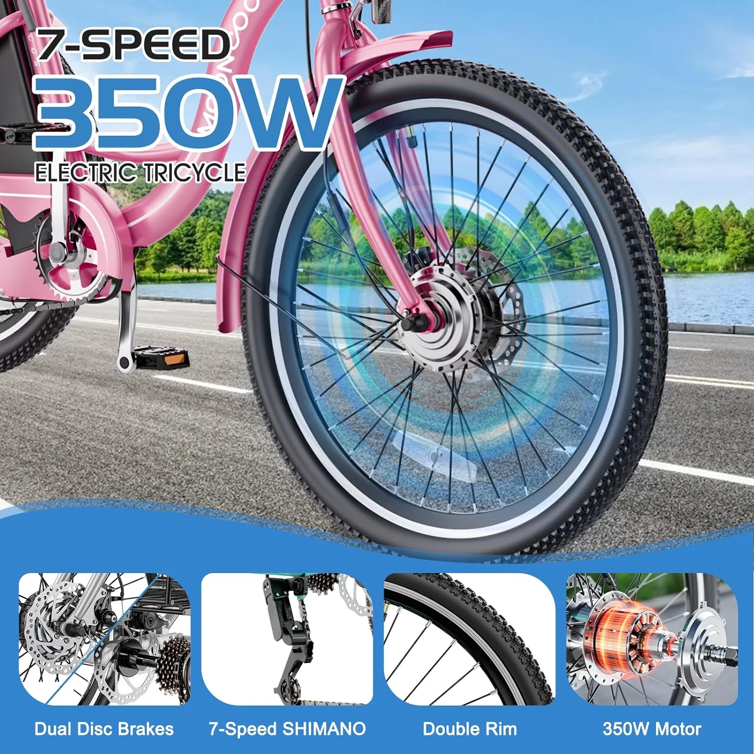 Lilypelle 24" 26" 3 Wheel Electric Tricycle for Adults, 350W 36V 14.5Ah 7 Speeds Motorized Electric Trike Three Wheel Electric Bikes Bicycle with Large Basket for Women Men