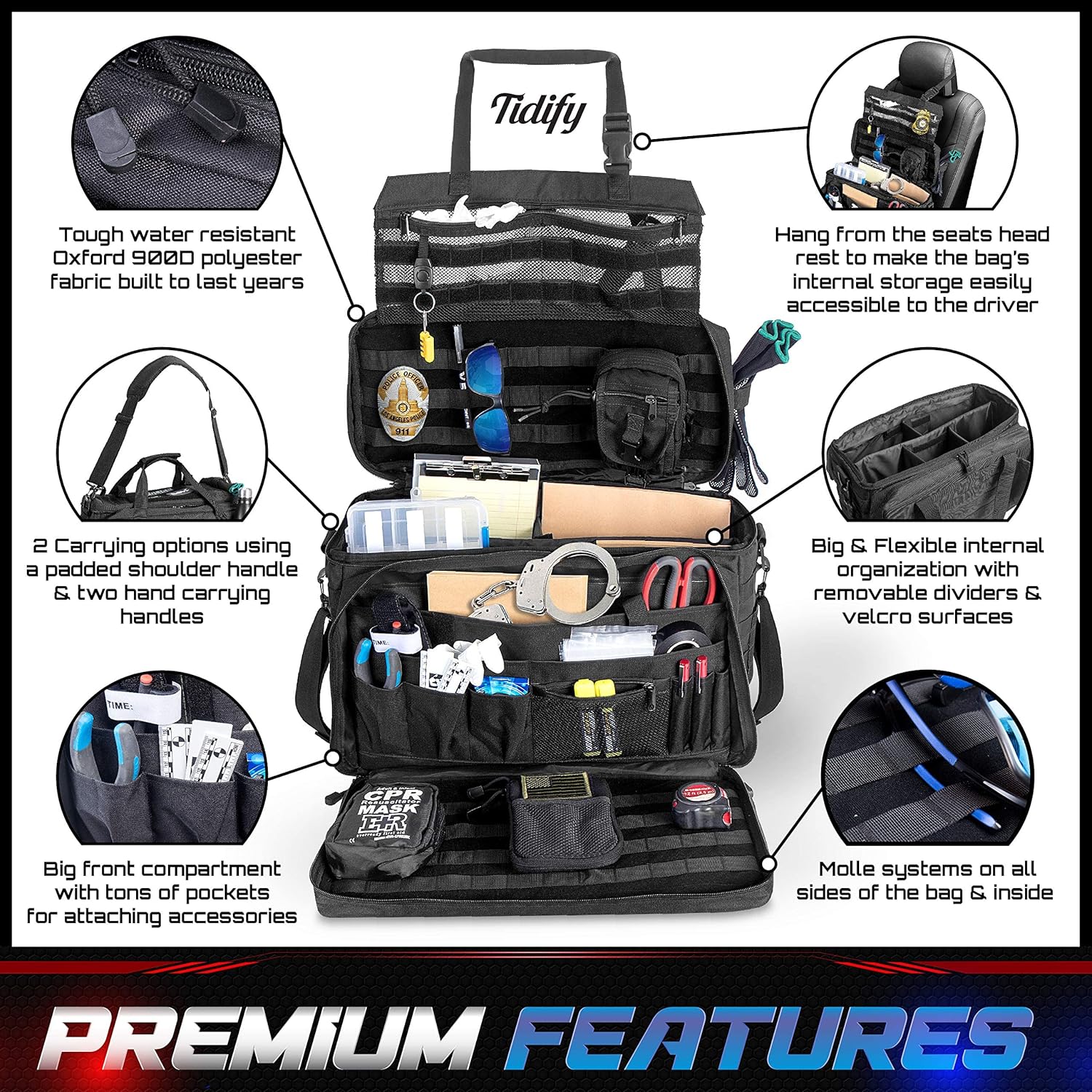 Patrol Bag for Law Enforcement - Police Gear Tactical Bag Car Seat Organizer, Range Bag & MOLLE Organizer With Tons of Storage and Comfort. Heavy Duty & Water Resistant. Space for Laptop.
