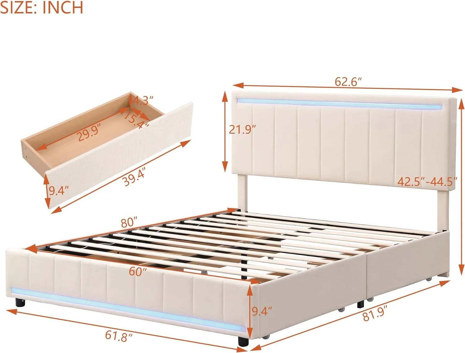 Queen LED Bed Frame With 4 Storage Drawers And USB Ports ,Modern Platform Bed Frame With LED Headboard And Footboard ,Linen Upholstered Storage Queen Bed,No Box Spring Needed,Beige