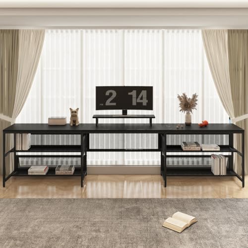 U Shaped Desk with Shelve & LED Lights, 82" Reversible L Shaped Desk with Drawers, 2 Person Corner Computer Desk Home Office Desk Gaming Table with Monitor Stand & Storage Shelves (Black + MDF)