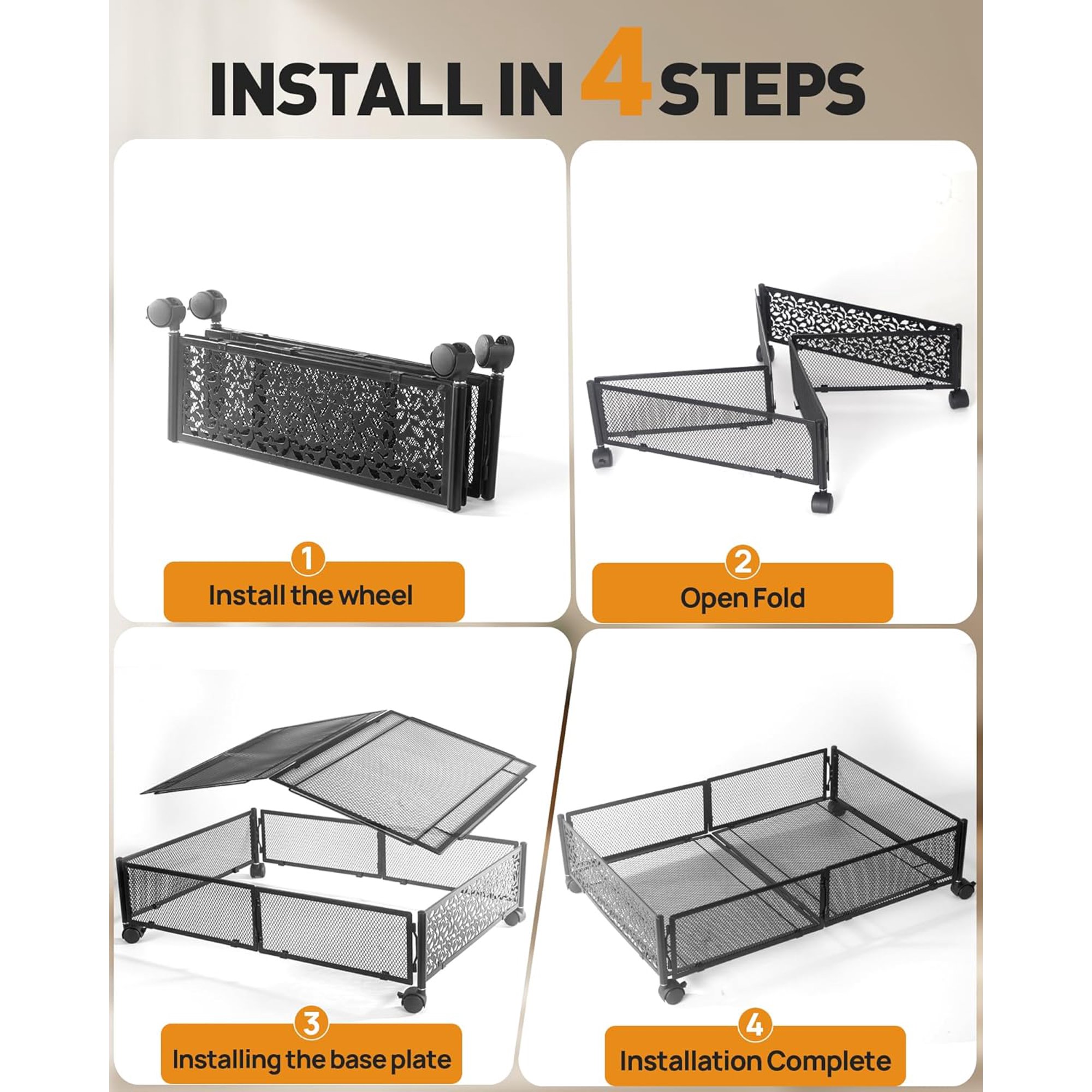 Under Bed Storage with Wheels, 2 Pack Foldable Metal Under Bed Storage Containers, 60L Rolling Underbed Storage, Easy Assembly Under The Bed Storage for Bedroom Clothes Shoes Blankets