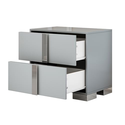 4-Piece Bedroom Furniture Set, Queen Wood Upholstered Bed with LED Lights, 2 Mirrored Nightstands, 6-Drawer Dresser with Metal Handles and Legs (Grey)