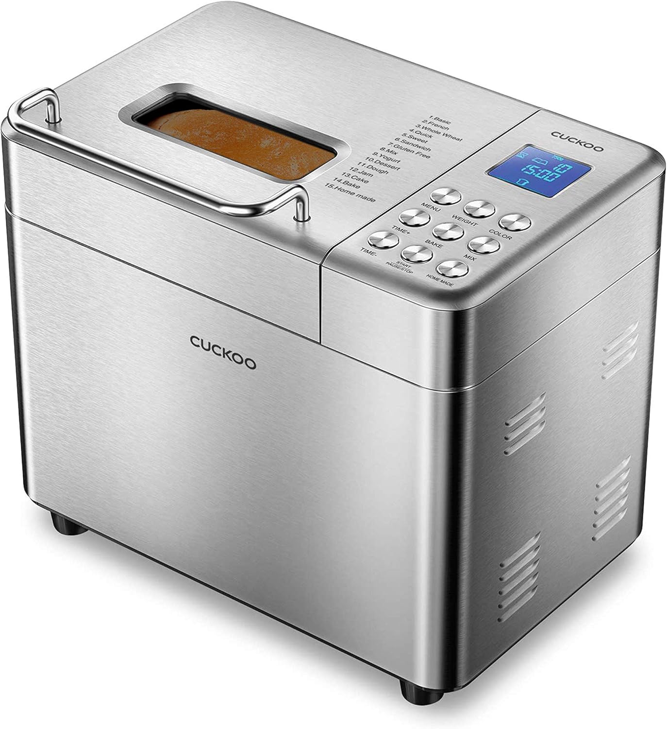 CUCKOO CBM-AAB101S | Multi-Functional Bread Maker | 1 lb, 1.5 lb, & 2 lb. Loaf Options, Crust Color Customization, Auto Fruit & Nut Dispenser, Gluten-Free Option | Stainless Steel (Renewed)