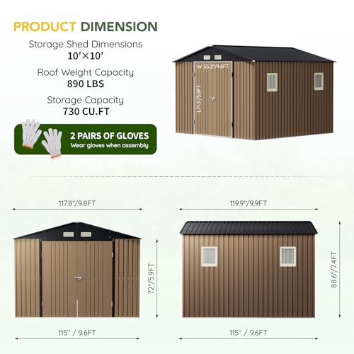 Outdoor Storage Shed 10 x 12ft. Utility Tool Shed Metal Storage Garden Shed with Lockable Doors, Windows & Metal Frame Floor for Patio Storage,Brown