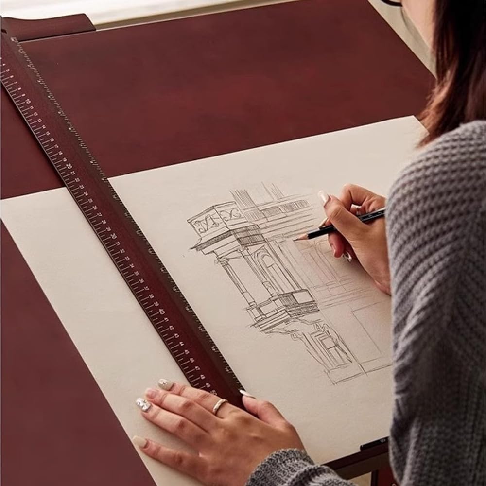 Drawing Table, Studio Painting Table and Craft Table, Height and Angle Adjustable, with Tilting Magnifying Tabletop and T-square