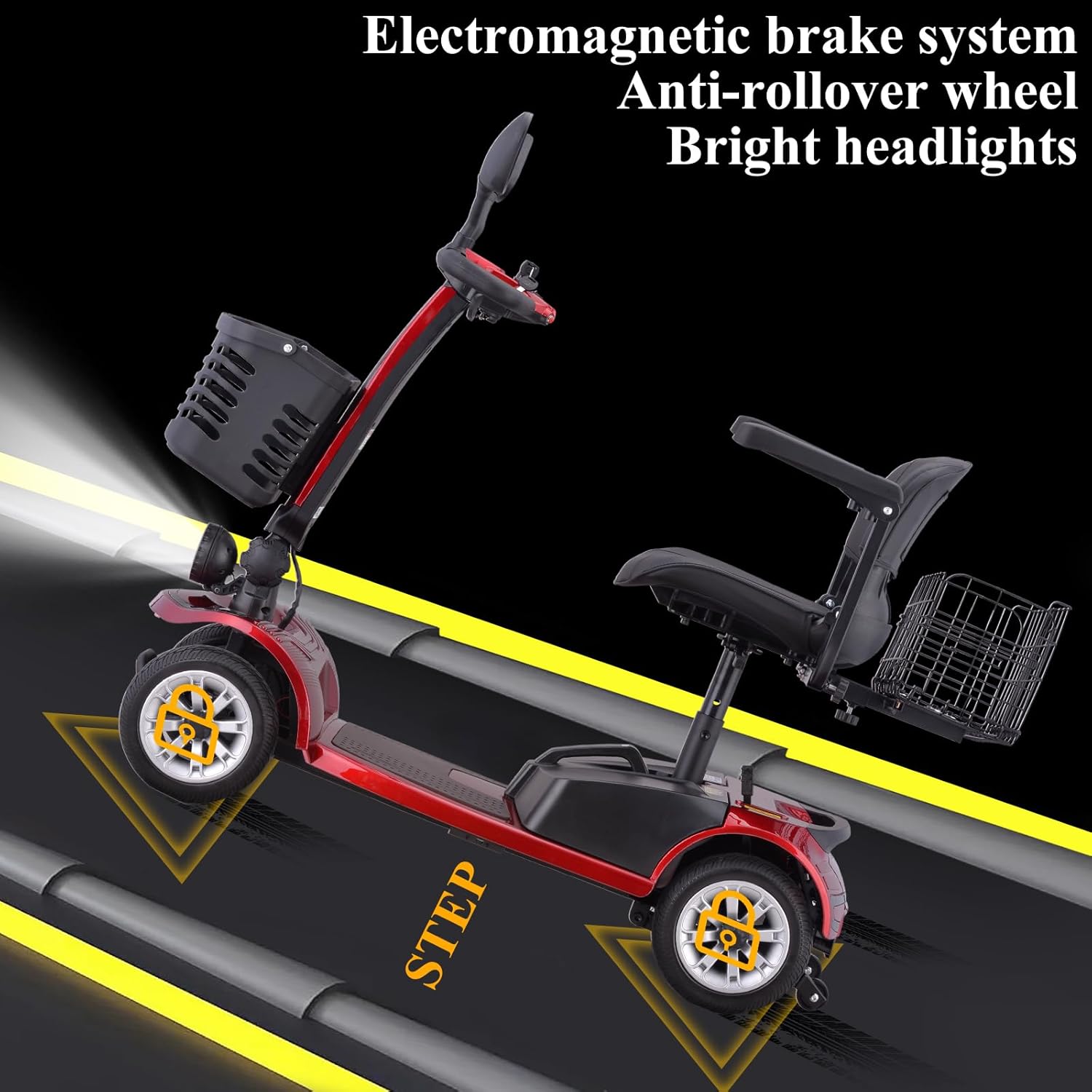 4 Wheel Powered Mobility Scooters, Mobility Scooters for Seniors, Folding Electric Wheelchairs for Adults Collapsible and Compact Duty Travel Scooter with Dual Battery and Basket(Red)