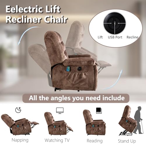 Phoenix Home Large Power Lift Recliner with Massage and Heat for Elderly, Heavy Duty & Safety Motion Reclining Mechanism, Ergonomic Electric Wider Chair with USB Port, 2 Hidden Cup Holders, Brown