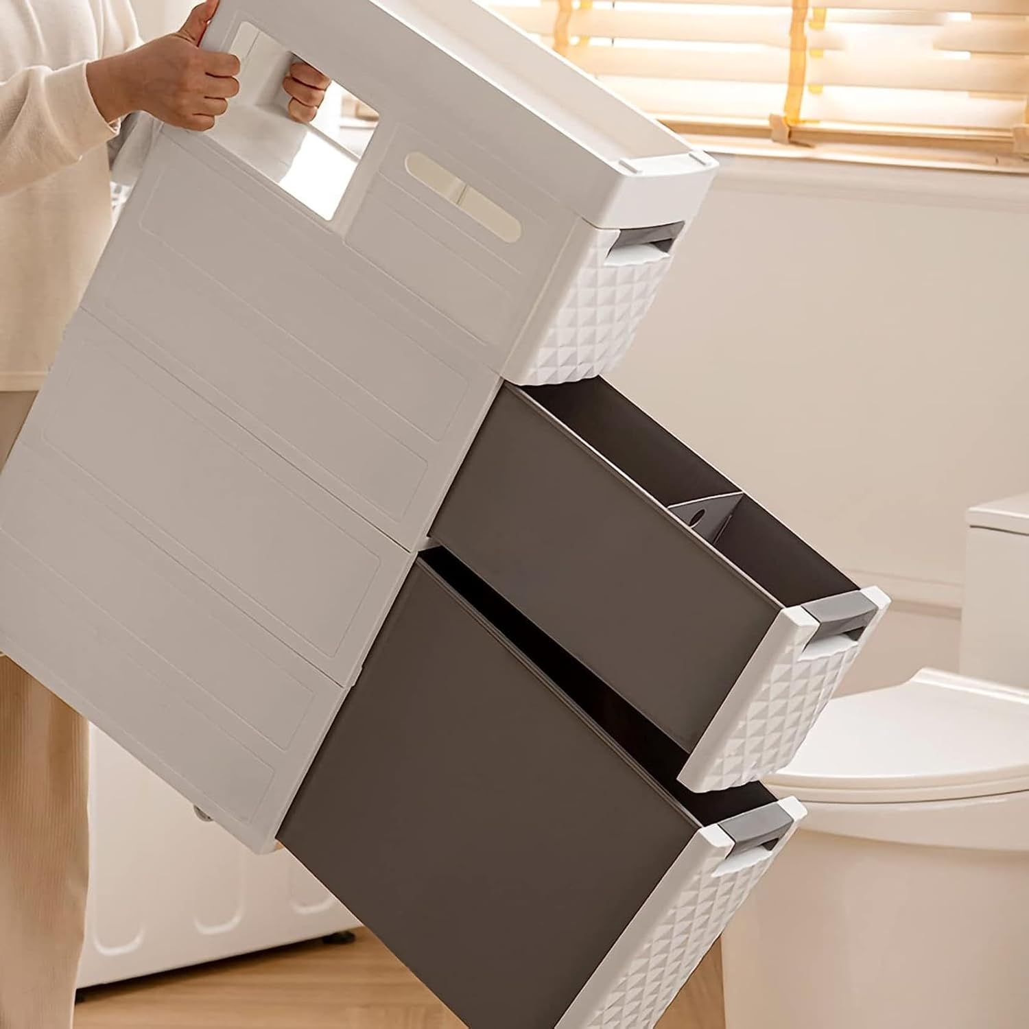Small Bathroom Storage Cabinet with Moveable Drawers Slim Storage Tower with Wheels Drawer Cart Storage Tower Furniture Narrow Storage Drawer Cart Unit for Bedroom Hallway Closet Office Organizat