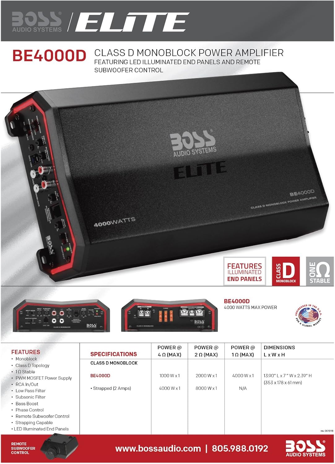 BOSS Audio Systems Elite BE4000D Class D Car Amplifier - 4000 Watts, 1 Ohm Stable, Digital, Monoblock, Mosfet Power Supply, Great for Subwoofers, Remote Subwoofer Control