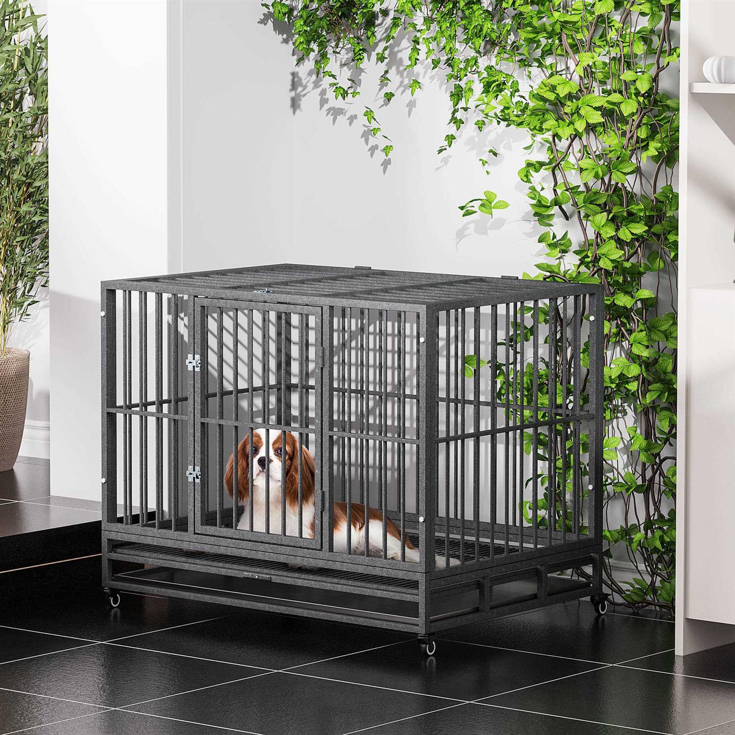 PawHut Heavy Duty Dog Crate Metal Cage Kennel with Lockable Wheels, Double Door and Removable Tray - Pet Supplies online store