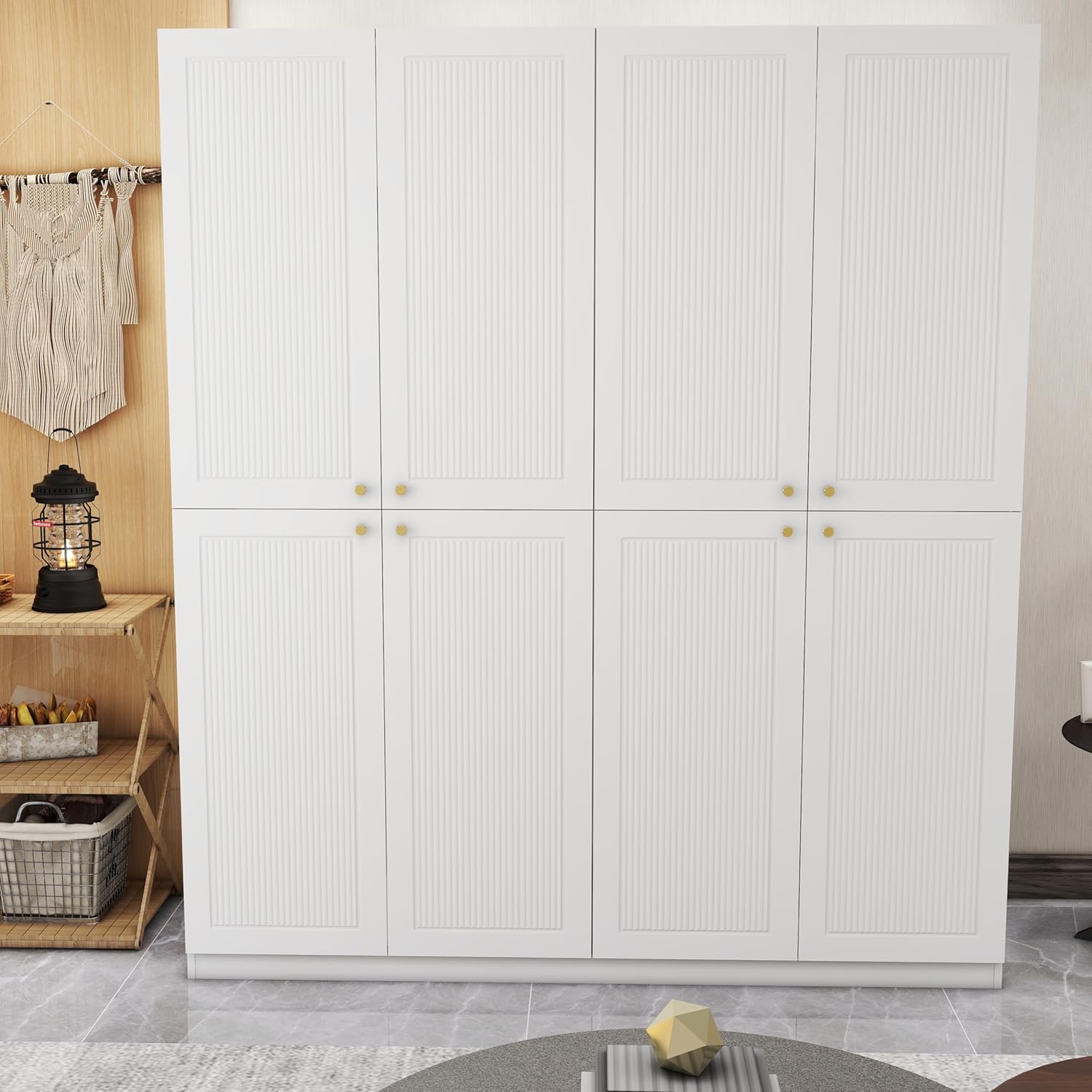 4 Door European Modern Wardrobe, Wood White Armoires with 2 Storage Drawers, Bedroom Armoires Clothes Storage Cabinet with Clothing Rods and Shelves, Bedroom Furniture Wardrobe Armoires