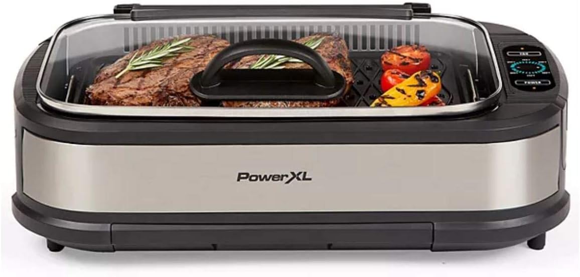 PowerXL Smokeless Grill Family Size- with Tempered Glass Lid with Interchangeable Grill and Griddle Plate and Turbo Speed Smoke Extractor Technology 22.1” X13.2” X 6.1