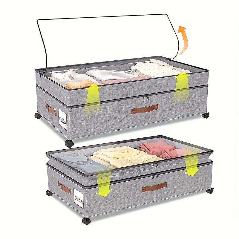 2-Pack Under-Bed Storage Bins with Wheels &amp; Clear Window, Adjustable Height Large Capacity Organizers for Clothes, Shoes, Blankets &amp; Toys