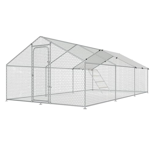 Large Metal Chicken Coop Walk-in Poultry Cage Chicken Run Pen Dog Kennel with Waterproof and Anti-Ultraviolet Cover for Outdoor Farm Use(9.8' L x 19.7' W x 6.4' H)