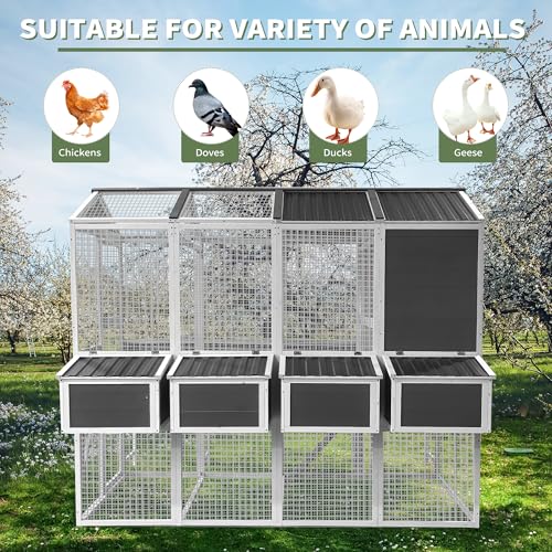 95''X80''X83'' Wooden Chicken Coop with Run – 3-Tier Walk-in Poultry House for 8-10 Chickens, Nesting Boxes, Pull-Out Trays & Rainproof Cedar Design – Gray Outdoor Backyard Cage