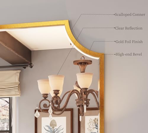 Kelly Miller 30"x40" Large Gold Bathroom Mirror for Wall, Gold Scalloped Vanity Mirror Bevelled Framed Decorative Mirror for Master Bath Half Bath Entrance Hallway Bedroom Living Room Fireplace Mantle