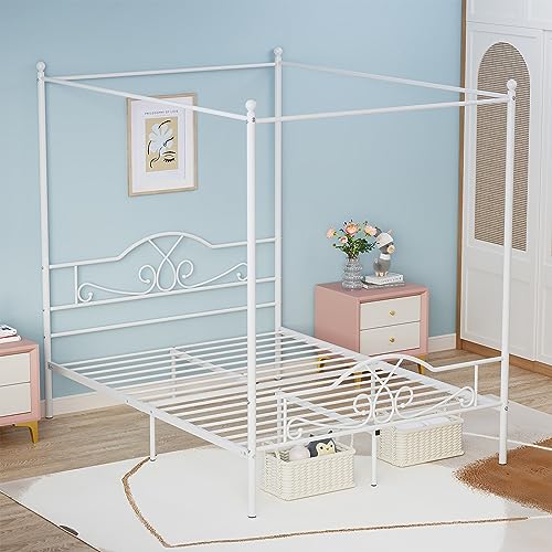 Weehom Full Canopy Bed Frame with Headboard and Footboard, Four-Poster Metal Canopied Platform Bed Mattress Foundation Underbed Storage Space No Box Spring Needed for Girls Adults Pink