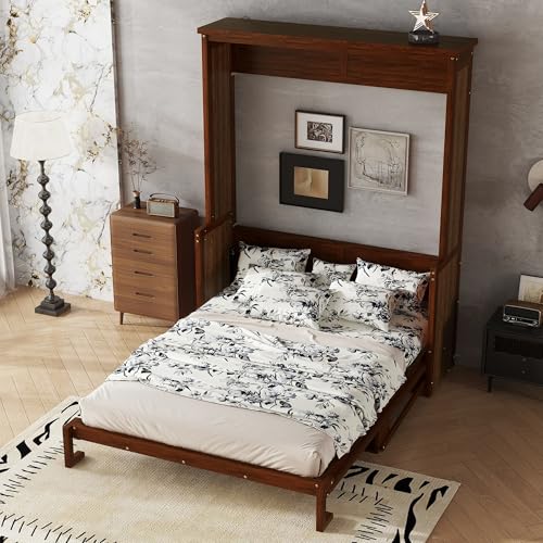 Murphy Bed Wall Bed with Desk, Wood Cabinet Murphy Bed, Space-Saving Hidden Wall Bed with Gas Struts, Walnut