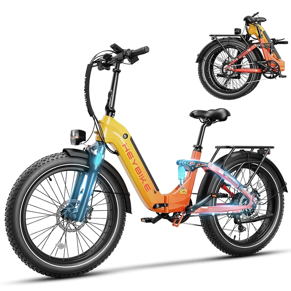 Heybike Horizon Electric Bike for Adults 750W Foldable Ebike with 48V 14.4AH Removable Battery,  24" x 4.0" Fat Tire Step-Thru Electric Bicycle, 7 Speed Gear and Dual Hydraulic Suspension