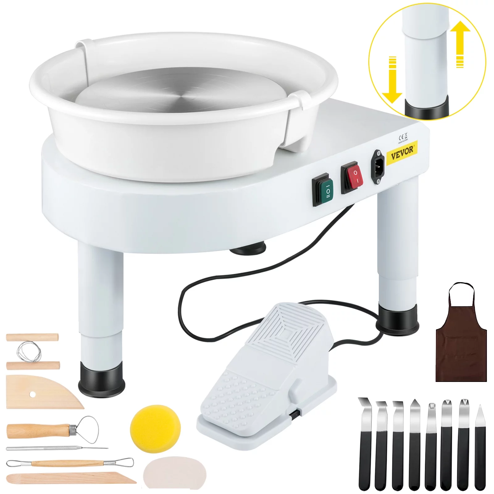VEVOR Pottery Wheel, 11in Ceramic Wheel Forming Machine, 0-300RPM Speed Manual Adjustable 0-7.8in Lift Leg, Foot Pedal Detachable Basin, Sculpting Tool Accessory Kit for Work Art Craft DIY