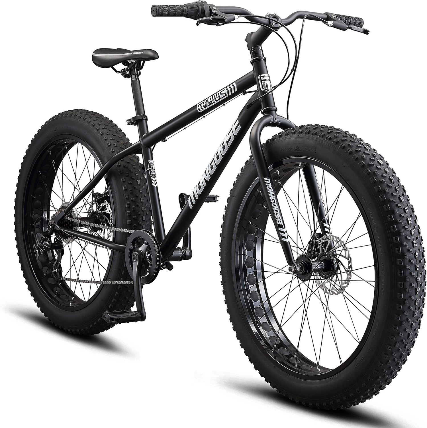 Mongoose Malus Adult Fat Tire Mountain Bike, 26-Inch Wheels, 7-Speed, Twist Shifters, Steel Frame, Mechanical Disc Brakes, Multiple Colors