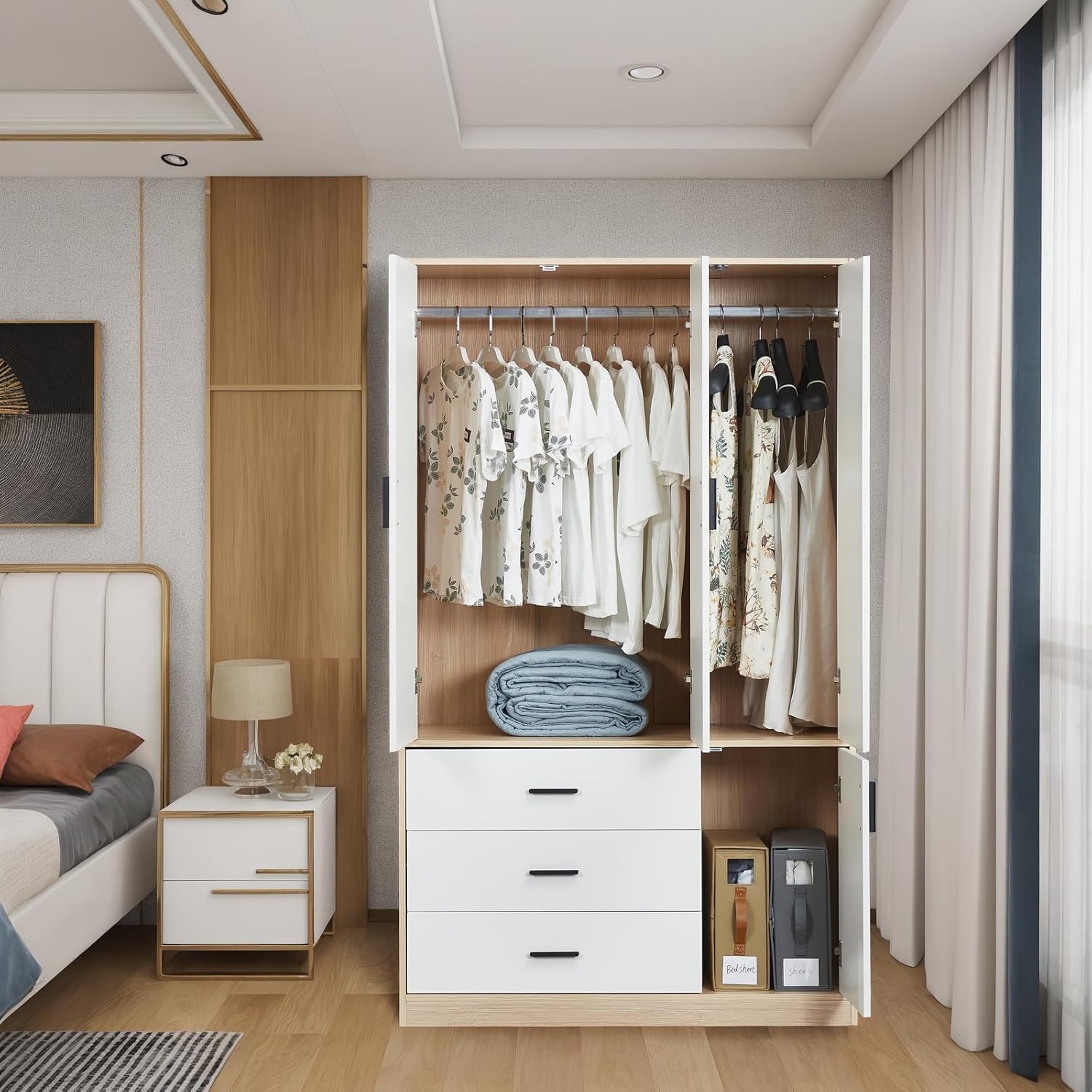 Wardrobe Closet, Armoire Wardrobe Closet with 3 Drawers, Bedroom Armoires with 2 Doors, Closet Cabinet with a Mirror, Wardrobe Closet with a Big Storage Cabinet, Wooden Closet for Bedroom