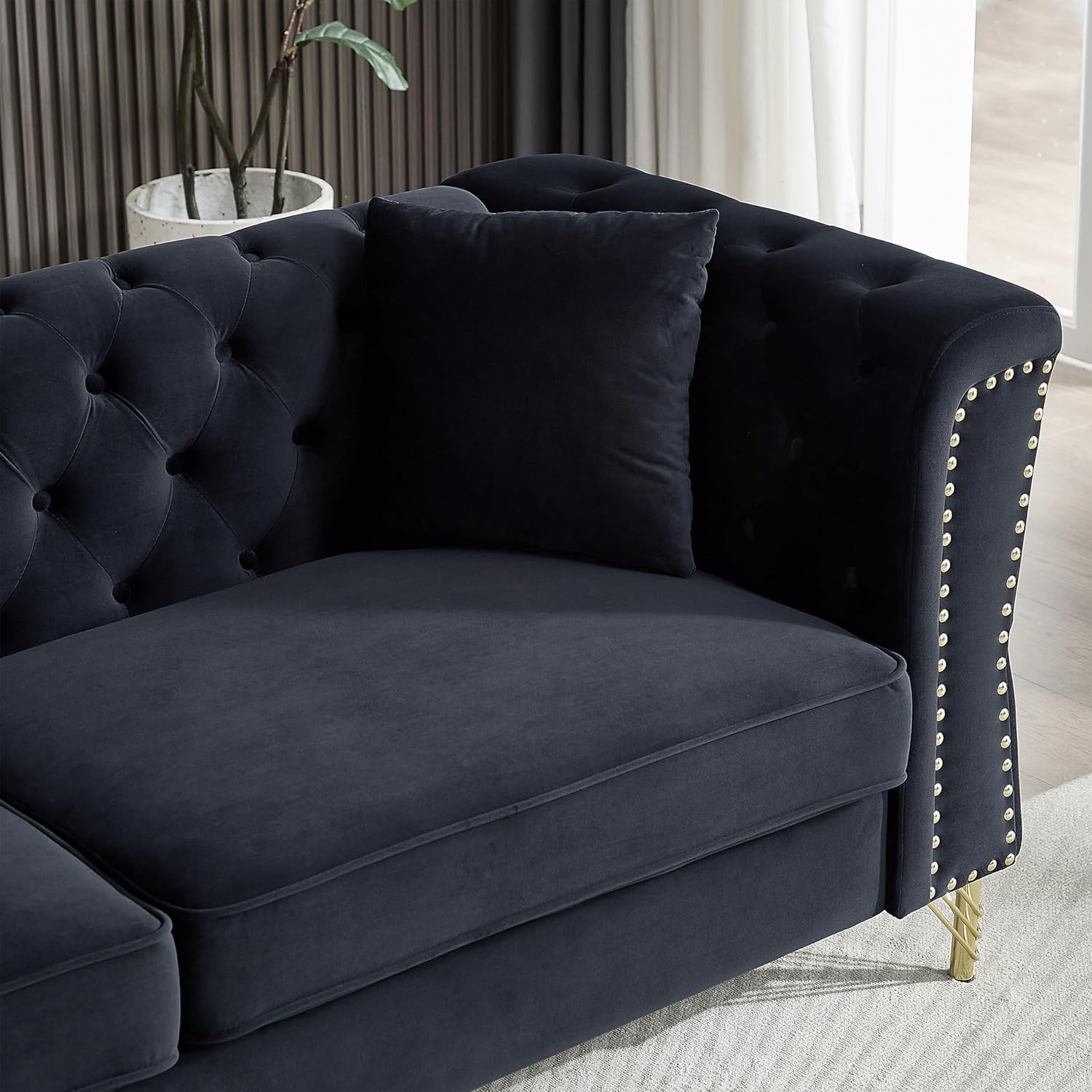 3-seater + 2-seater Combination Sofa Tufted Couch with Rolled Arms and Nailhead for Living Room, Bedroom, Office, Apartment, four pillows (Black)