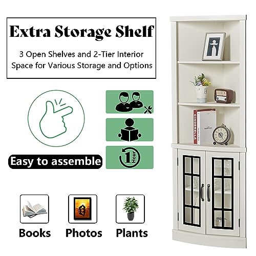 AMERLIFE Curved Corner Storage Cabinet, 65" Tall Freestanding Bookcase with Glass Doors & Adjustable Shelves, 5-Tier Corner Display Cabinet for Living Room, Bathroom, Laundry Room, Washed Grey
