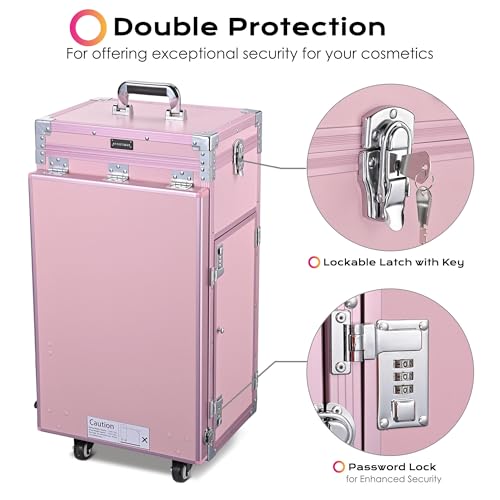 BYOOTIQUE Masslux Foldable Rolling Manicure Table Nail Desk Makeup Train Case with 4 Drawers Mirror & Speaker, Pink