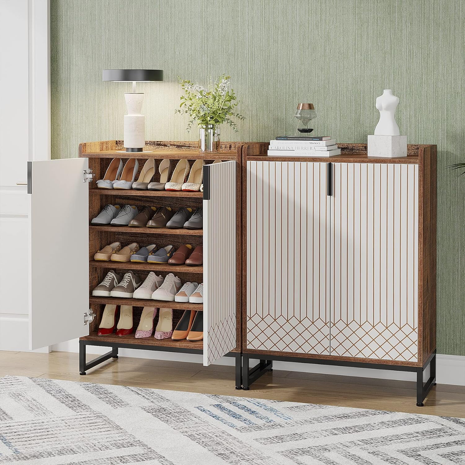 Tribesigns 25 Pairs Shoe Cabinet with Doors,Modern Shoe Cabinet for Entryway, Wood 5-Tier Shoe Organizer, Freestanding Brown Shoe Storage Cabinets with Black Metal Frame for Bedroom Living Room