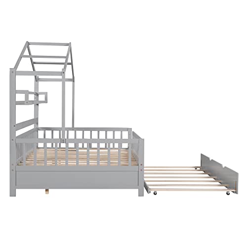 House Bed with Storage Shelf,Wooden Bed Frame with Full-length Guardrail for Bedroom, No Box Spring Needed (Pink, Full Size House Bed with 2 Drawers)