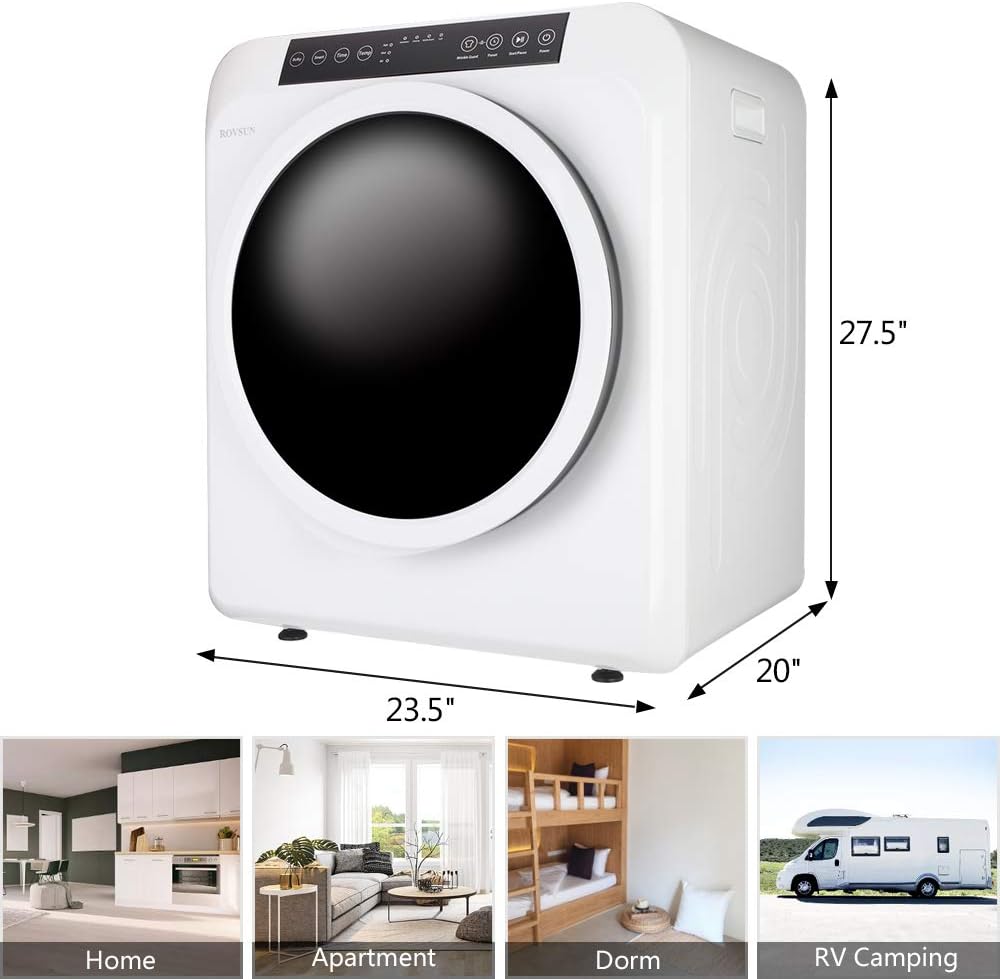 ROVSUN 3.5 Cu.Ft Portable Clothes Dryer, 13.2LB Front Load Tumble Laundry Dryer with High End LCD Touch Screen & Stainless Steel Tub for Apartment, Home, Dorm-110V, White