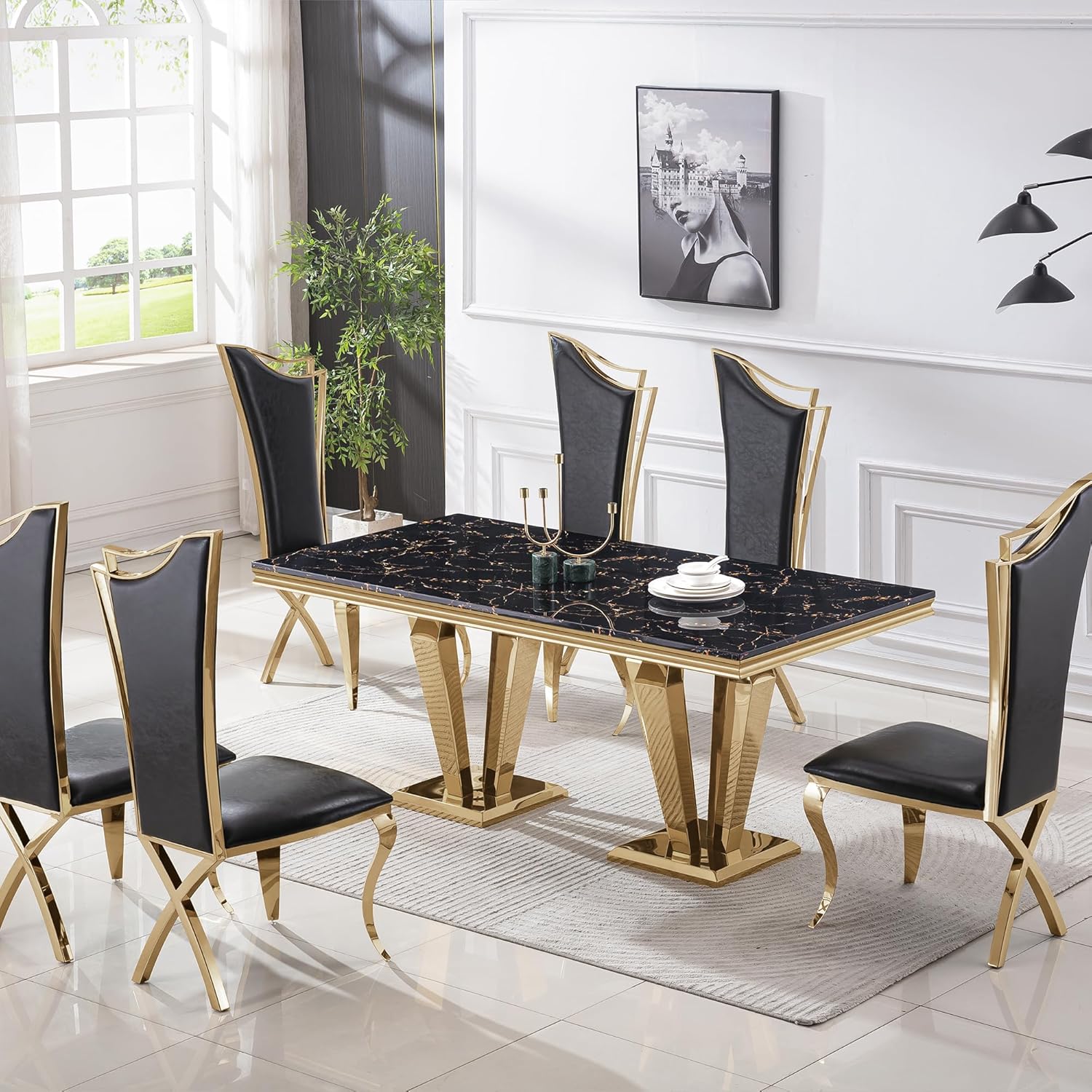 Modern Dining Room Table Set for 6, Marble Dining Table Set for 6, 70" Black Gold Marble Dining Table with 6 Upholstered PU Leather Chairs, 7 Piece Dining Table Set for Dining Room Kitchen