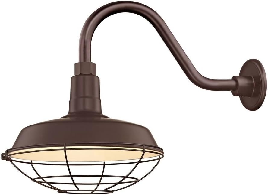 Bronze Farmhouse Style Industrial Gooseneck Outdoor Barn Light with 12 Caged Shade for Wet and Damp Locations