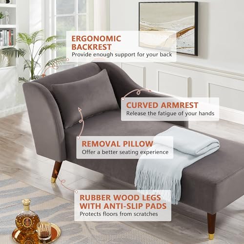 58" Chaise Lounge Indoor, Velvet Upholstered Left Arm Chaise Lounge Chair with Curved armrest & Pillow, Modern Bench Chaise Lounge Sofa for Bedroom Living Room Office, Beige
